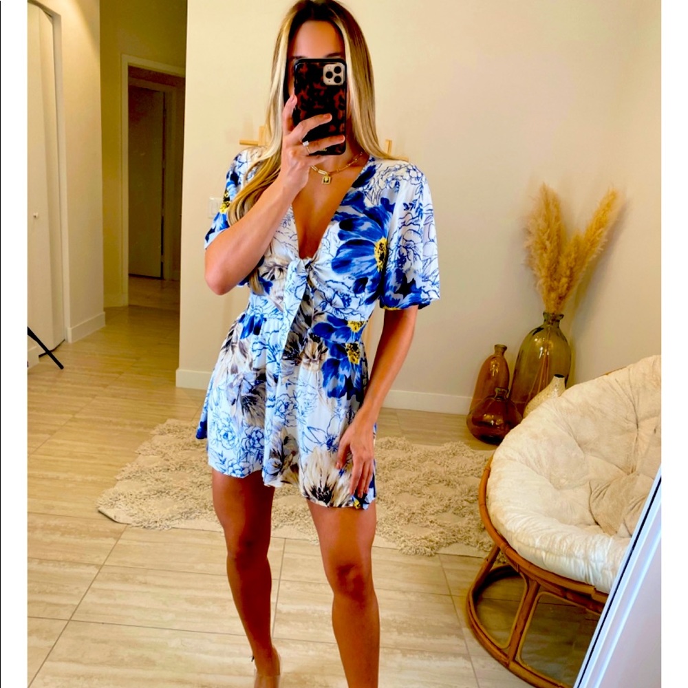 TIE FRONT ROMPER- WHITE and BLUE FLORAL